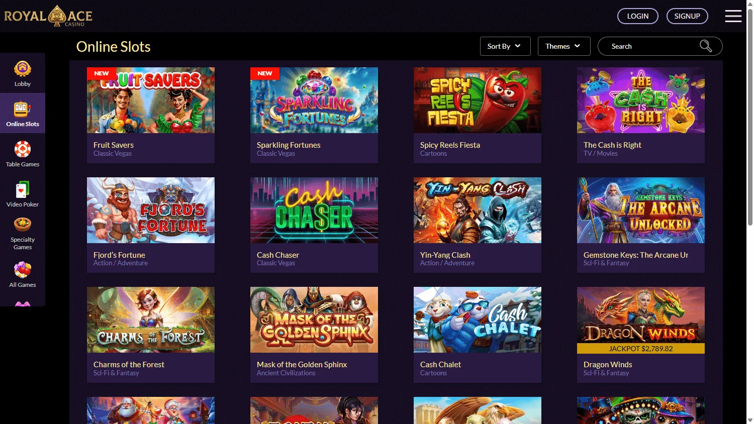 Royal Ace Casino desktop game selection