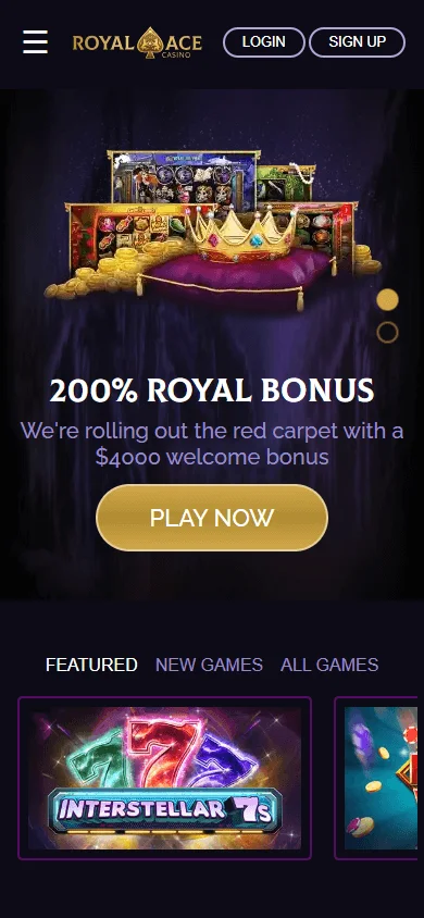 Royal Ace Casino mobile home screen with welcome offer