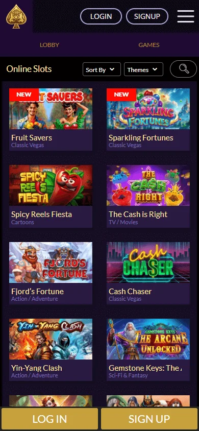 Royal Ace Casino mobile game selection